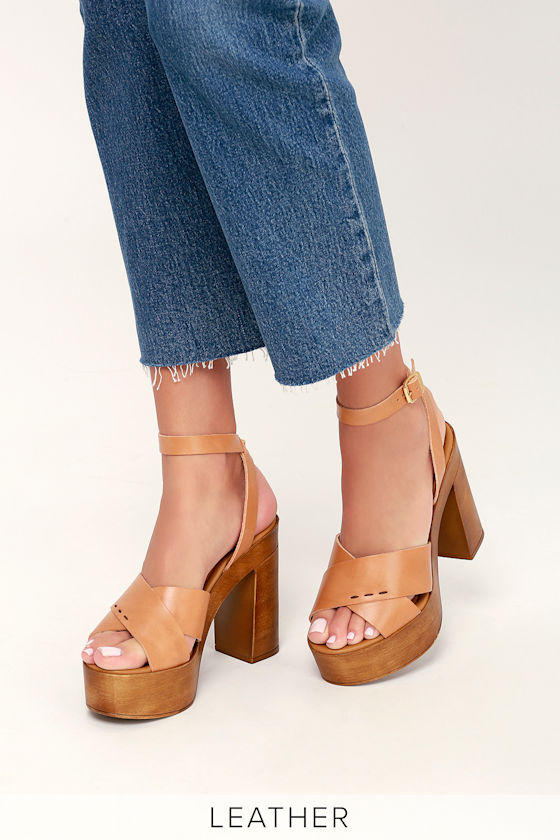 Liliana Tan Leather Platform Ankle Strap Heels 2