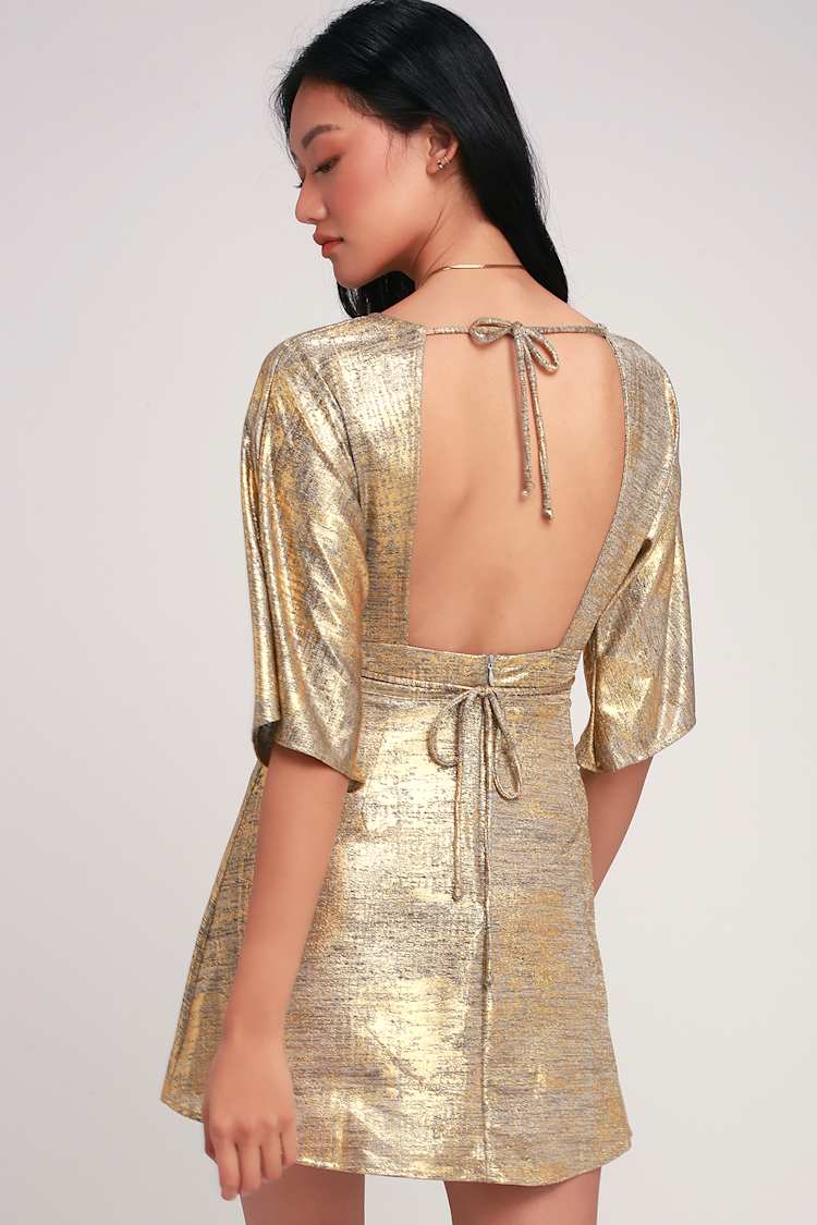 Lucy Love Light Lounge - Gold Dress - Backless Skater Dress - Lulus
