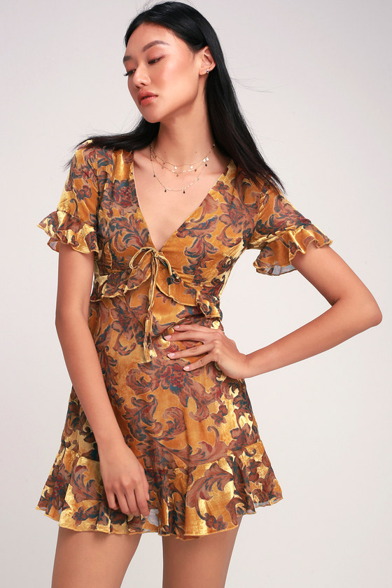 Yellow Floral Dress - Floral Velvet Dress - Velvet Mini Dress - Lulus