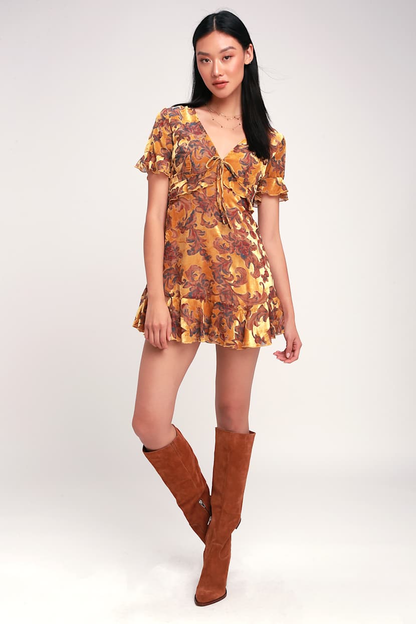 Yellow Floral Dress - Floral Velvet Dress - Velvet Mini Dress - Lulus