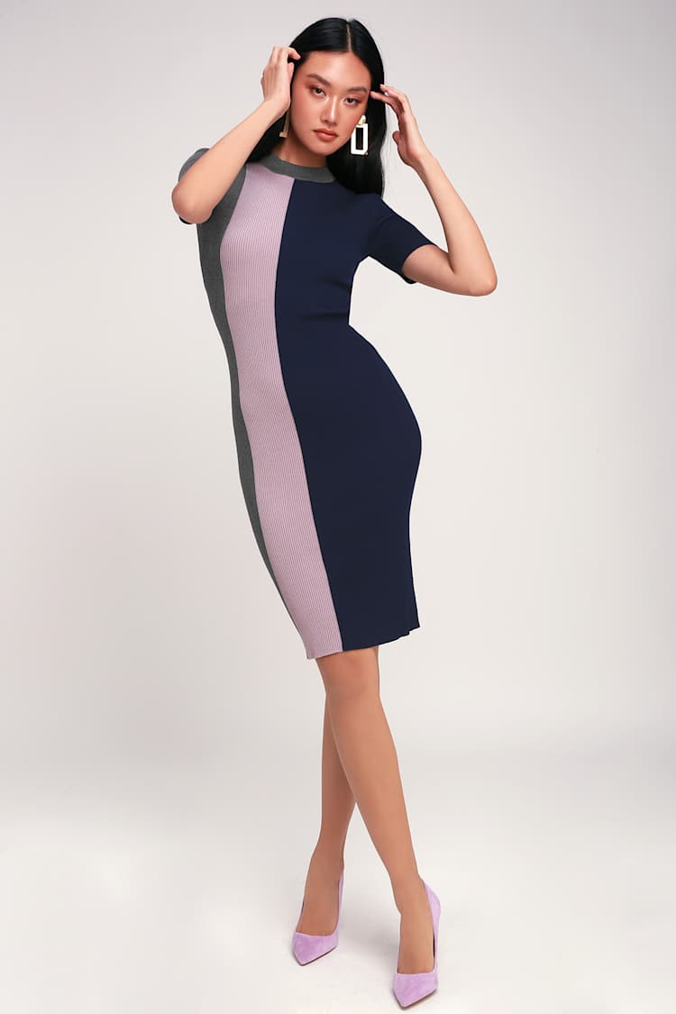 Cute Color Block Dress - Bodycon Dress - Midi Dress - Navy Dress - Lulus