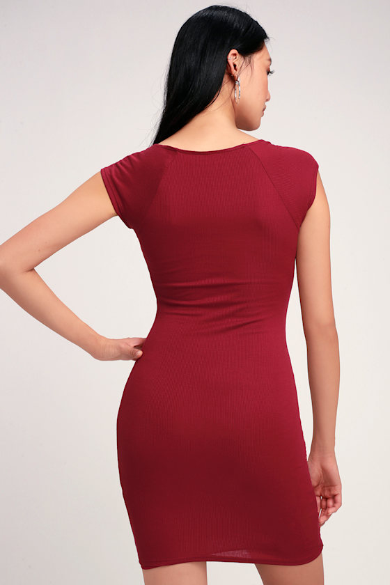 Near or Far Burgundy Ribbed Short Sleeve Bodycon Dress 4