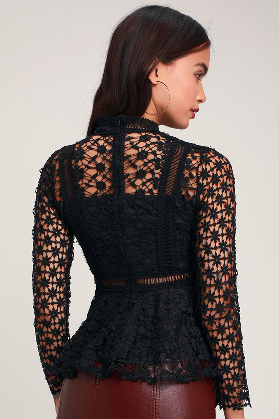 Lovely Black Top - Lace Top - Peplum Top - Long Sleeve Top - Top - Lulus