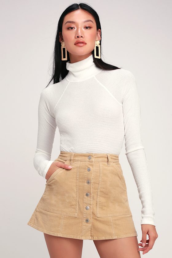 Olivine Beige Corduroy Button-Up Mini Skirt 1