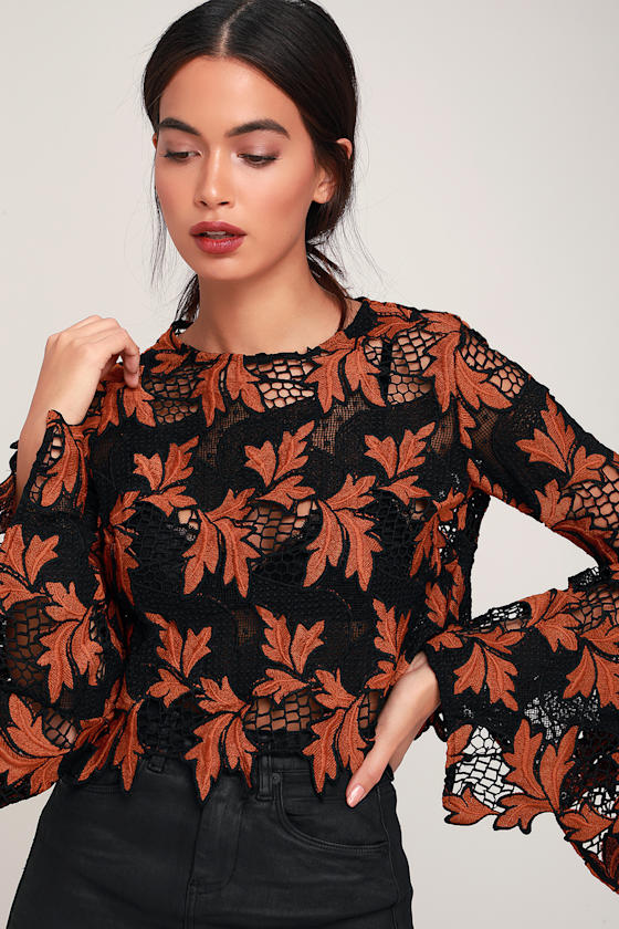 Whisper In Your Ear Black and Rust Embroidered Crochet Crop Top 4