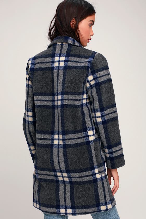 Chic Plaid Coat Felted Wool Coat Blue and Grey Plaid Coat