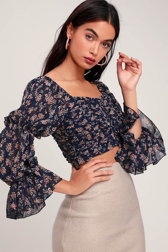 Boho Blue Crop Top Ruched Crop Top Ruffle Sleeve Crop Top Lulus