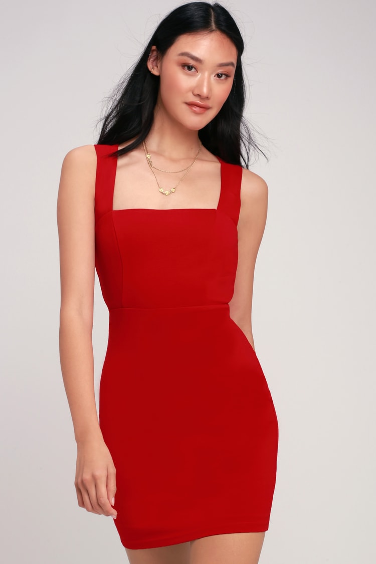 værtinde læder Fremtrædende Flirty Little Red Dress - Bodycon Dress - Square Neck Dress - Lulus