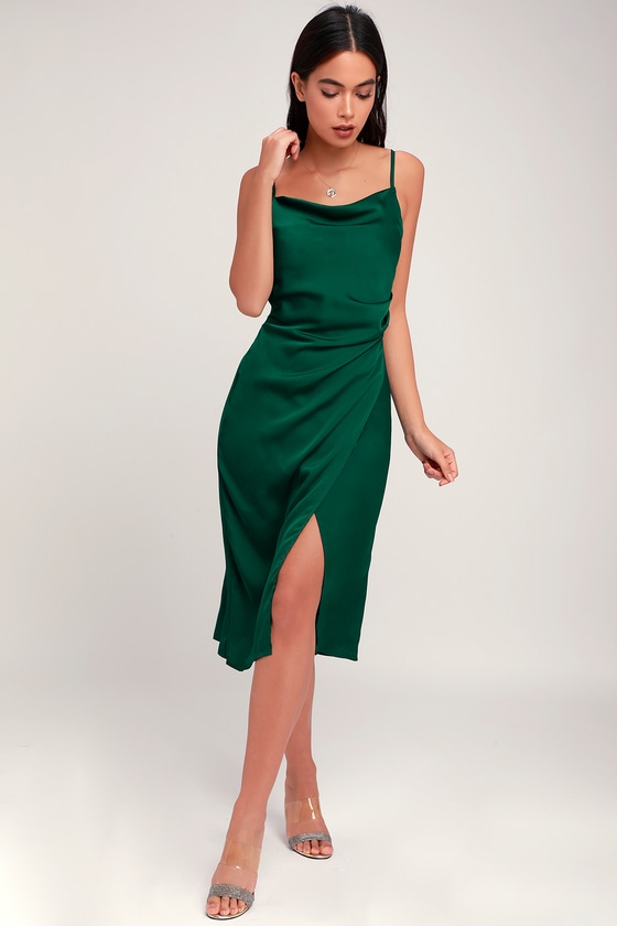 green silk satin dress