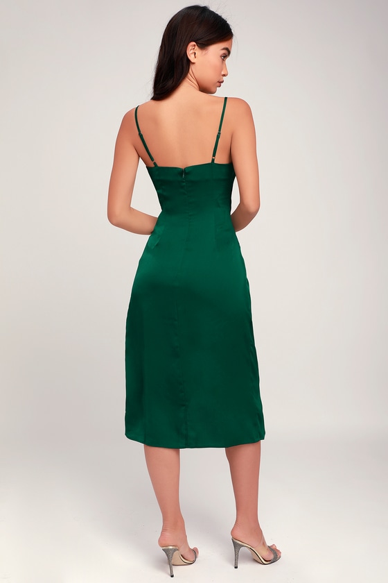 hollywood woman forest green satin midi dress