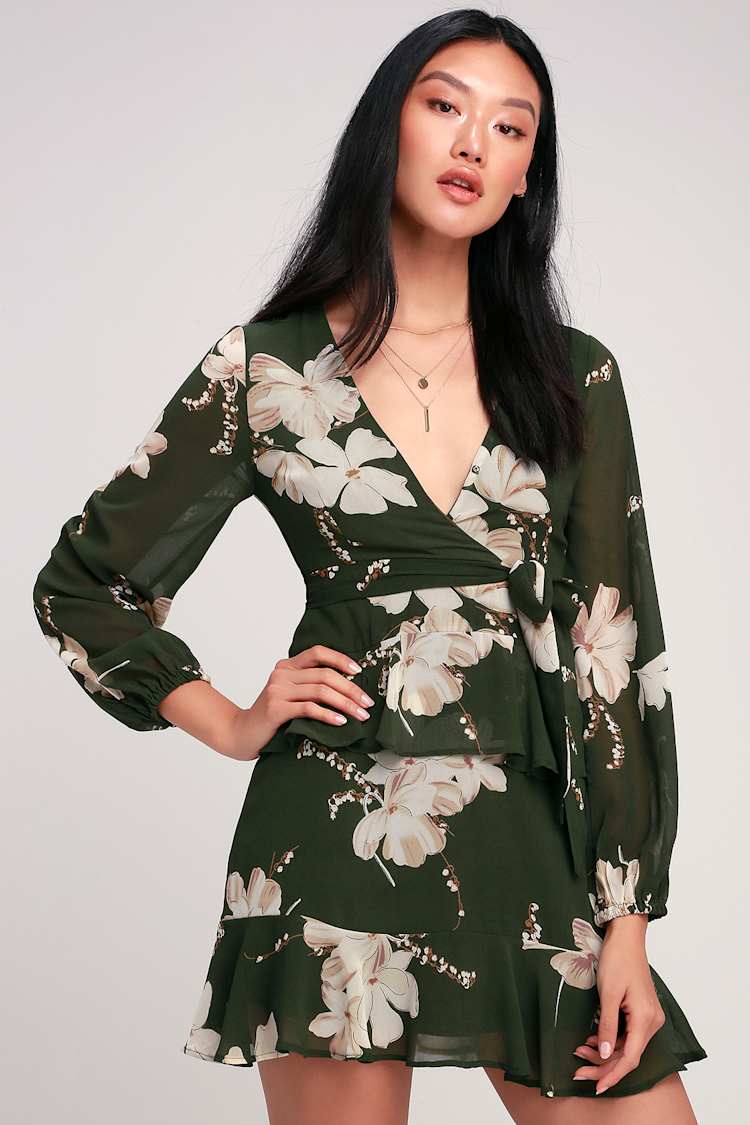 Cute Olive Dress - Floral Print Dress - Long Sleeve Mini Dress - Lulus