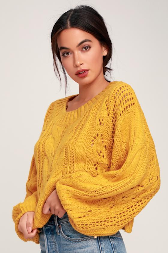 Alden Mustard Yellow Cropped Balloon Sleeve Knit Sweater 1