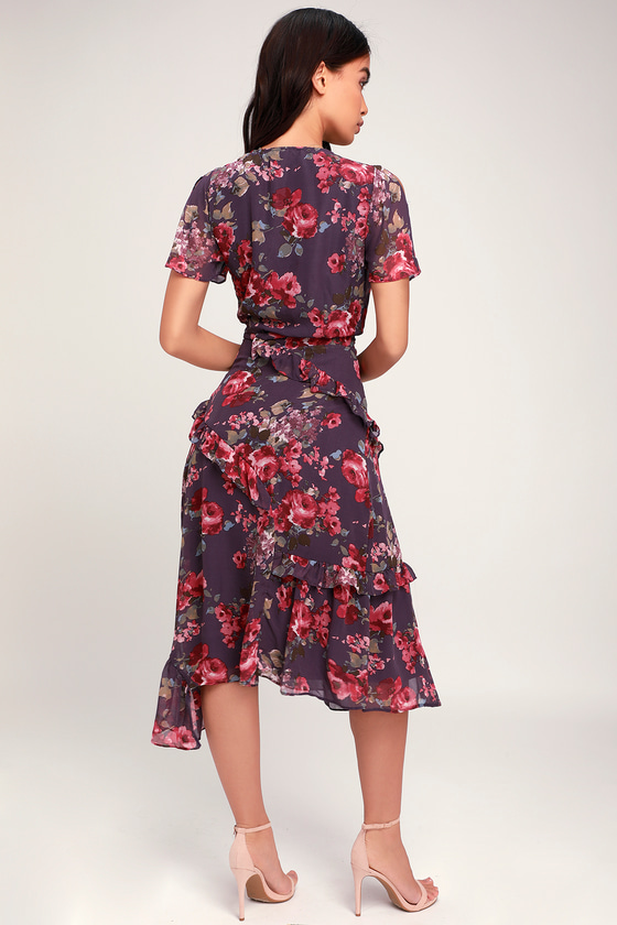 Lovely Purple Dress - Floral Print Midi Dress - Ruffled Dress