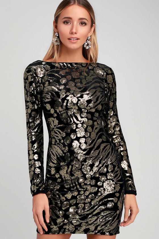 long sleeve black and gold sequin dress