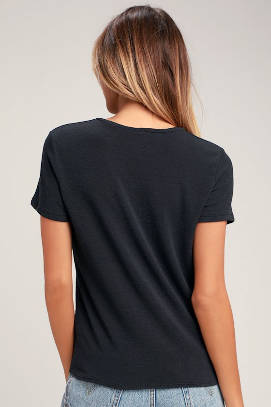 Misty Washed Navy Blue Tie-Front Tee 2