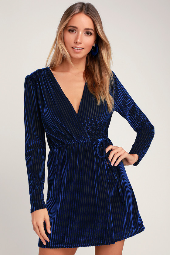 Stunning Velvet Dress - Blue Striped Dress - Long Sleeve Dress - Lulus