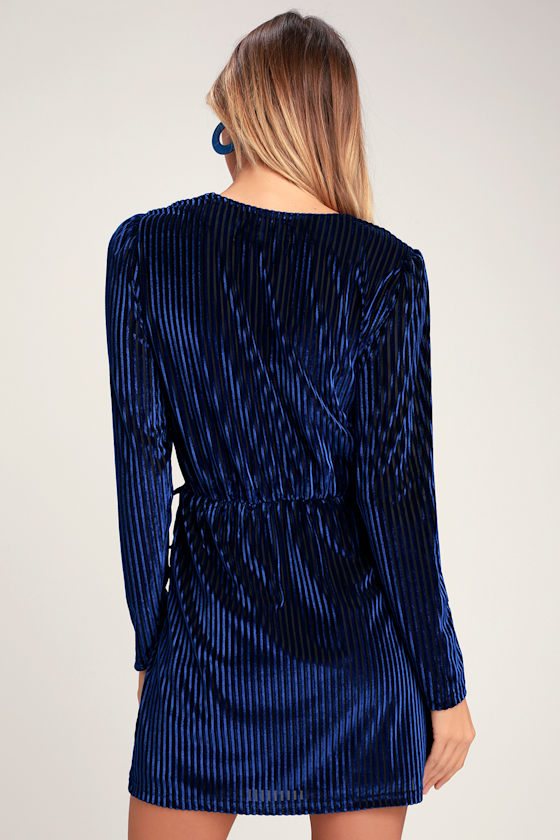 Live It Up Royal Blue Striped Velvet Long Sleeve Dress 4