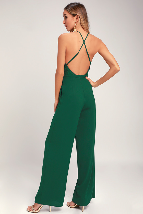 Chic Lace Jumpsuit - Backless Jumpsuit - Forest Green Jumpsuit - Lulus