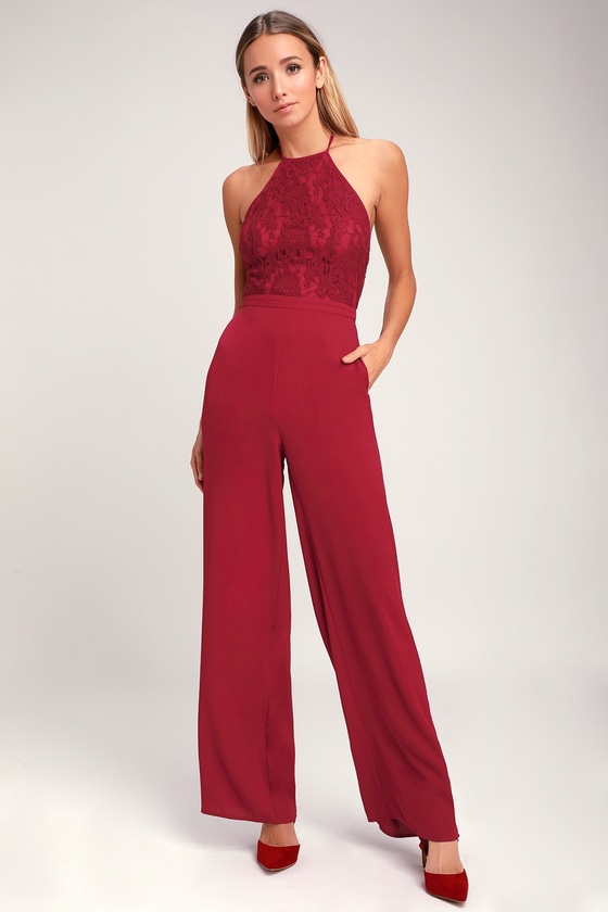 Chic Lace Jumpsuit - Backless Jumpsuit - Wine Red Jumpsuit - Lulus