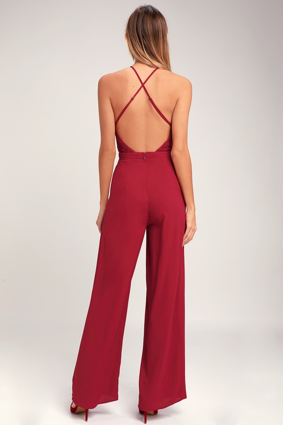 Chic Lace Jumpsuit - Backless Jumpsuit - Wine Red Jumpsuit
