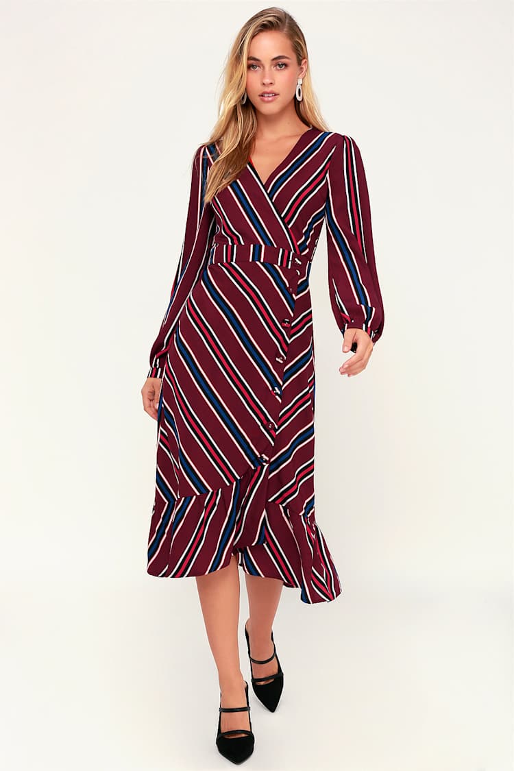 Lulus Burgundy Striped Dress - Button-Uo Dress - Midi Dress