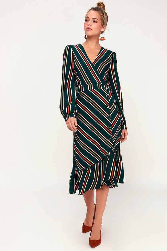 Lulus Teal Green Striped Dress - Button-Up Dress - Midi Dress