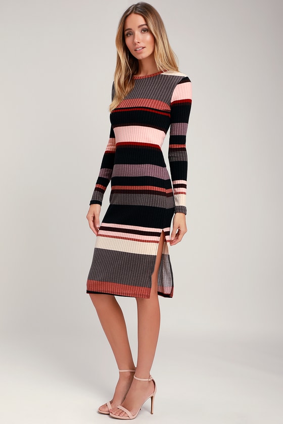 Cute Mauve Multi Midi Dress - Pink Dress - Long Sleeve Dress - Lulus