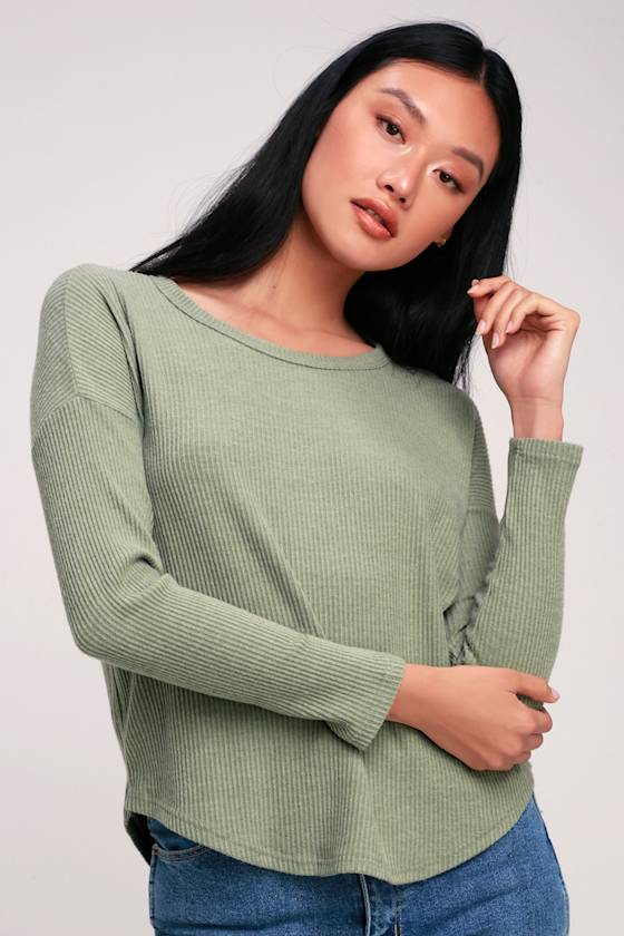 Baizen Washed Sage Green Ribbed Long Sleeve Top 2