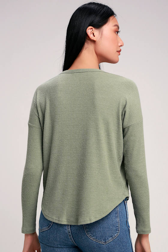 Baizen Washed Sage Green Ribbed Long Sleeve Top 4