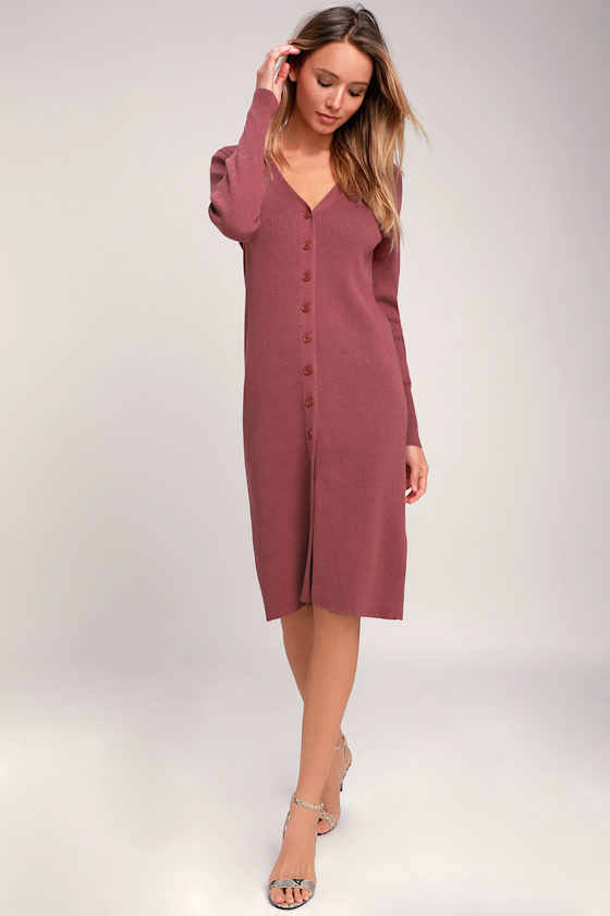 I Adore You Rusty Rose Long Sleeve Button-Up Midi Sweater Dress 1