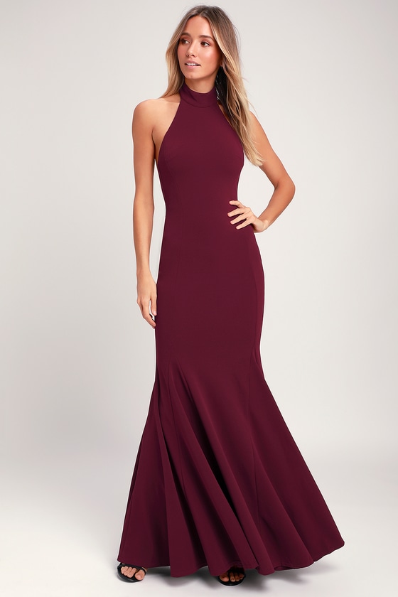 burgundy halter maxi dress