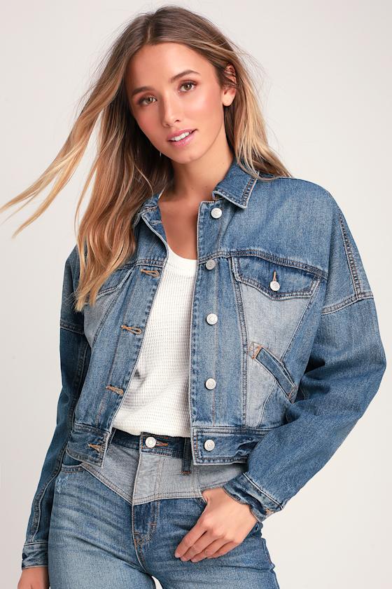 Suzanne Medium Wash Two-Tone Cropped Denim Jacket 1