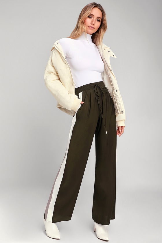 Cute Olive Green Pants - Side Stripe Pants - Wide-Leg Pants - Lulus