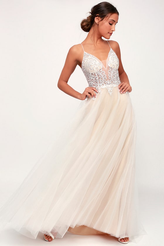 Giselle White and Nude Embroidered Rhinestone Maxi Dress 3