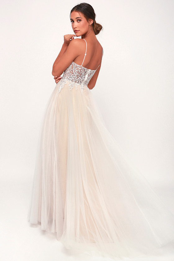 Giselle White and Nude Embroidered Rhinestone Maxi Dress 5