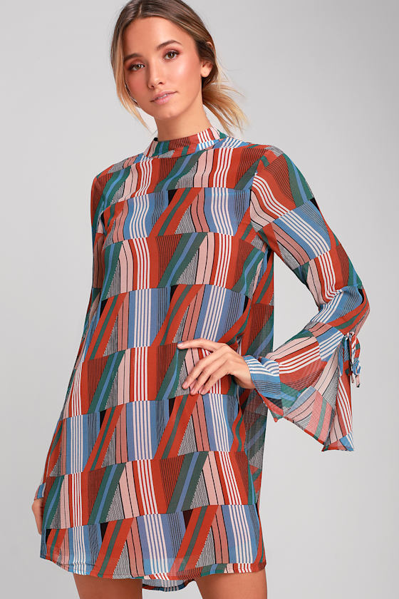 Meet You There Rust Orange Print Flounce Sleeve Swing Dress 1