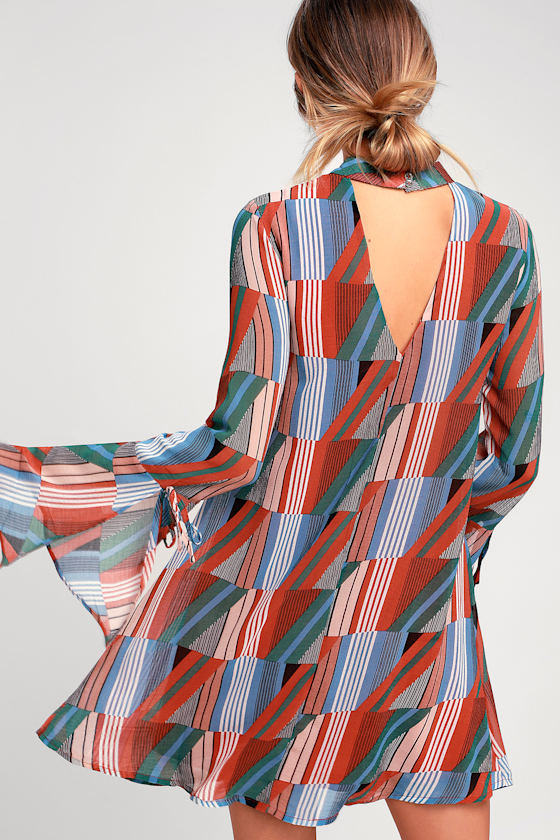 Meet You There Rust Orange Print Flounce Sleeve Swing Dress 2