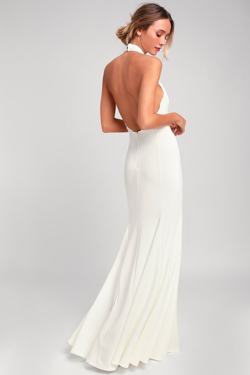 White Satin Dress - Halter Maxi Dress - Backless Column Dress - Lulus