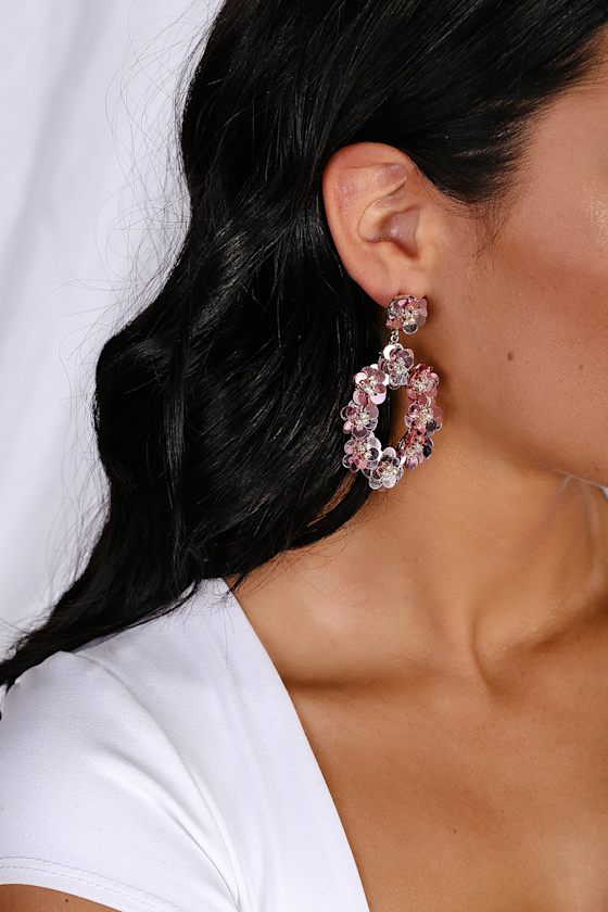Cute Pink Sequin Earrings Statement Earrings Floral Earrings Lulus