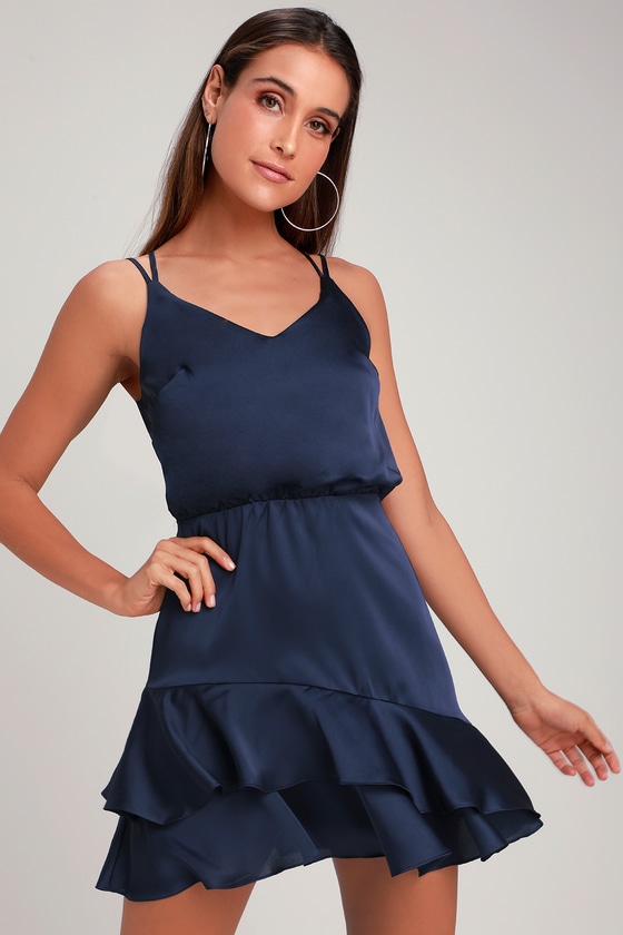 Sexy Navy Blue Dress - Satin Fuchsia Dress - Satin Ruffle Dress - Lulus