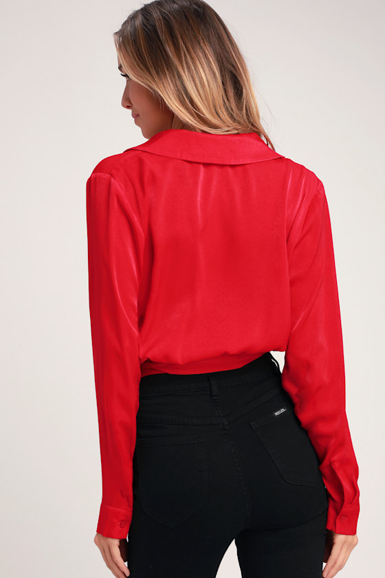 Beckham Red Satin Long Sleeve Wrap Top 2
