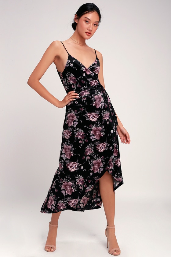 Black Floral Print Dress - Velvet Dress - High-Low Wrap Dress - Lulus