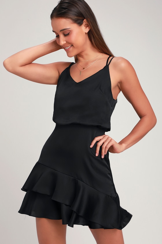 Sexy Black Dress - Satin Fuchsia Dress - Satin Ruffle Dress - LBD - Lulus