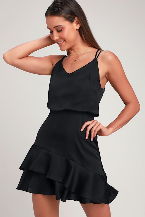 On the Floor Black Satin Ruffle Dress 3