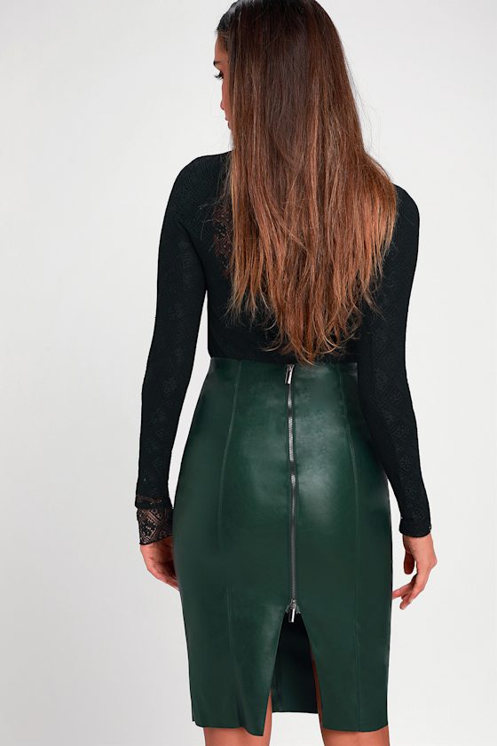 Pencil Me In Forest Green Vegan Leather Midi Skirt 2