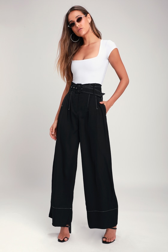 Times Square Black Belted Paper Bag Waist Wide-Leg Pants