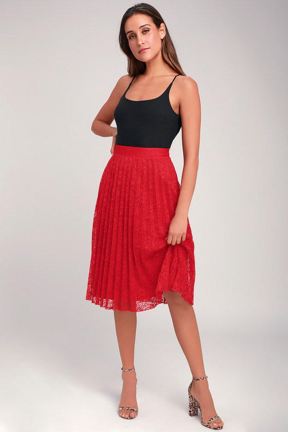 Mazzie Red Pleated Lace Midi Skirt
