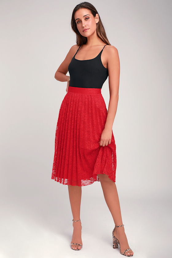 Mazzie Red and Nude Pleated Lace Midi Skirt 1