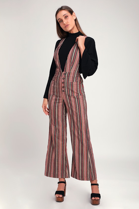 Laury Rust Red Multi Stripe Corduroy Palazzo Overalls 1