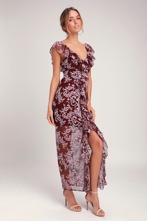 WAYF Marie - Burgundy Lace Dress - Ruched Lace Dress - Lulus
